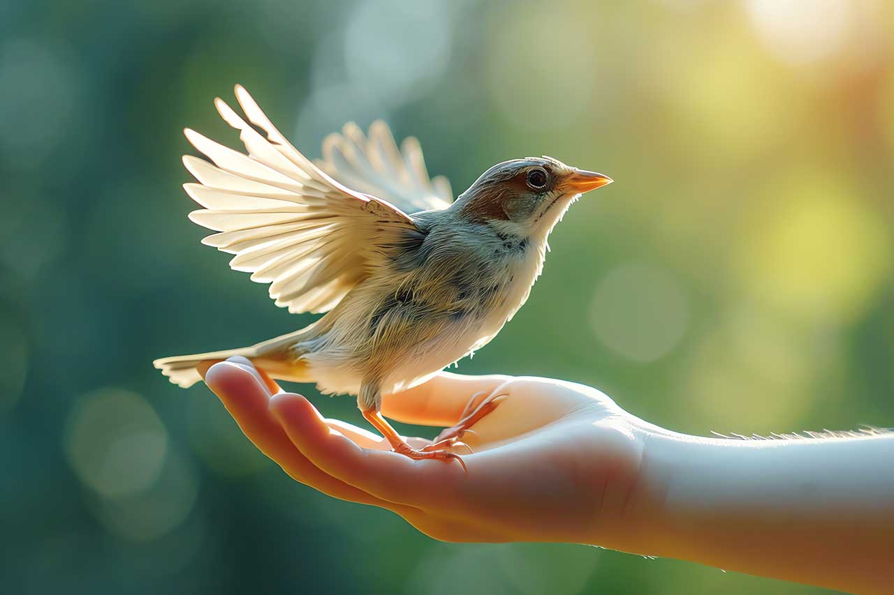 Un pequeño pájaro posado en la mano de una persona.